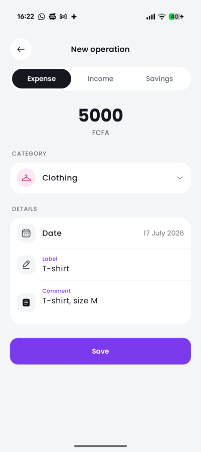 3-tap entry: category, amount, saved