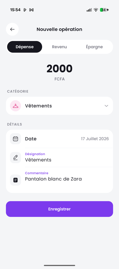 La saisie en 3 clics : catégorie, montant, enregistré